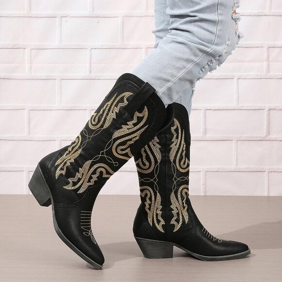 ⚡Women Black Synthetic Cowgirl Mid Calf Pointed Toe Chunky Block Heel Boots - Picture 4 of 5